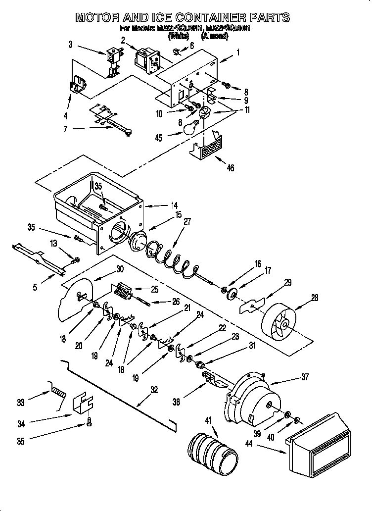 Whirlpool ED22PSQDW01 motor and ice container diagram