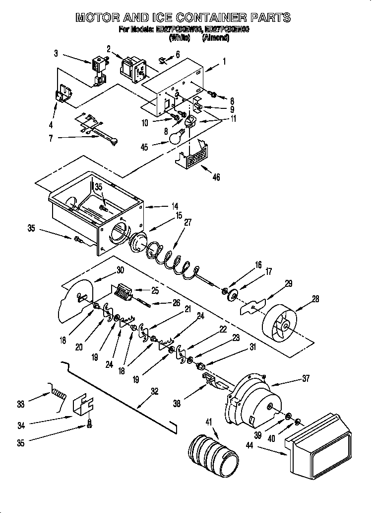 Whirlpool ED27PQXEN00 motor and ice container diagram