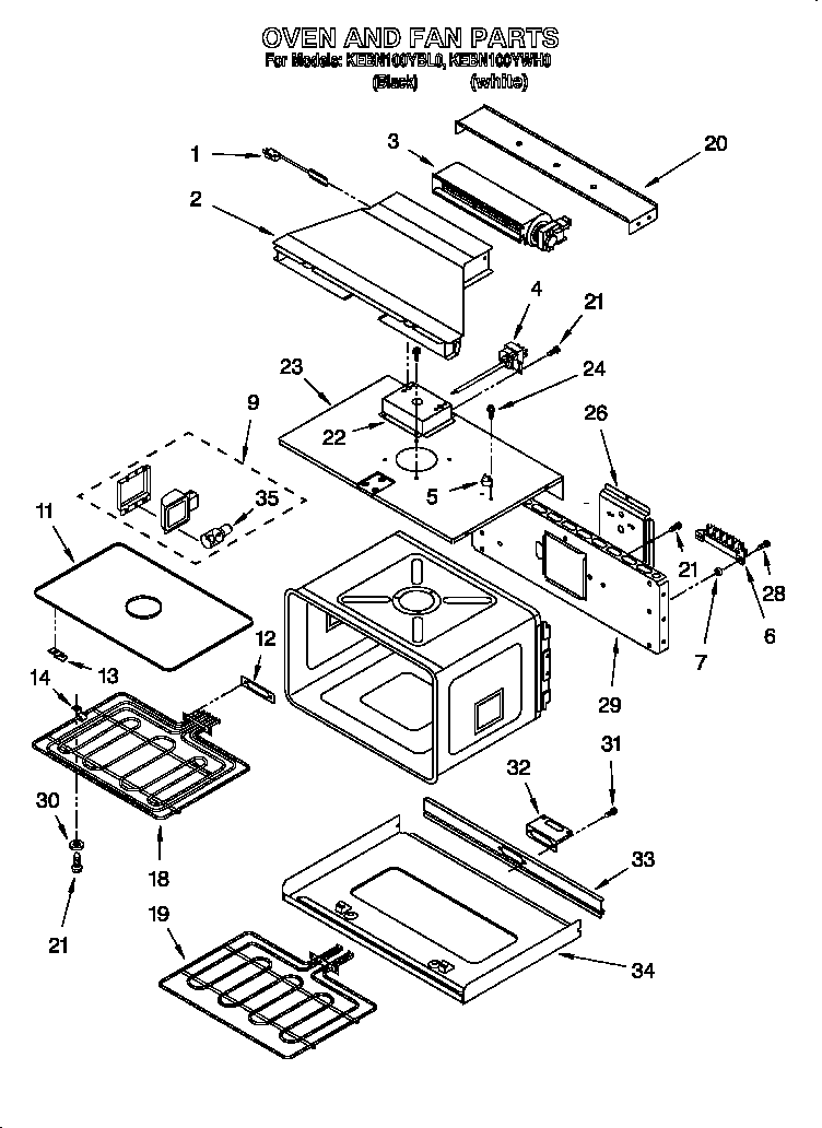 KitchenAid KEBN100YWH0 oven and fan diagram
