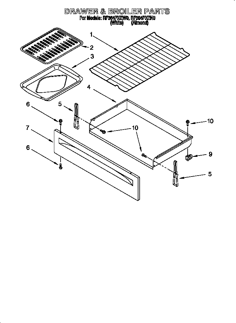 Whirlpool RF364PXEN0 drawer and broiler diagram