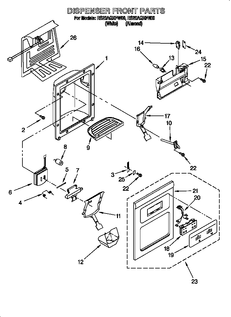 Roper RS20AQXFN00 dispenser front diagram