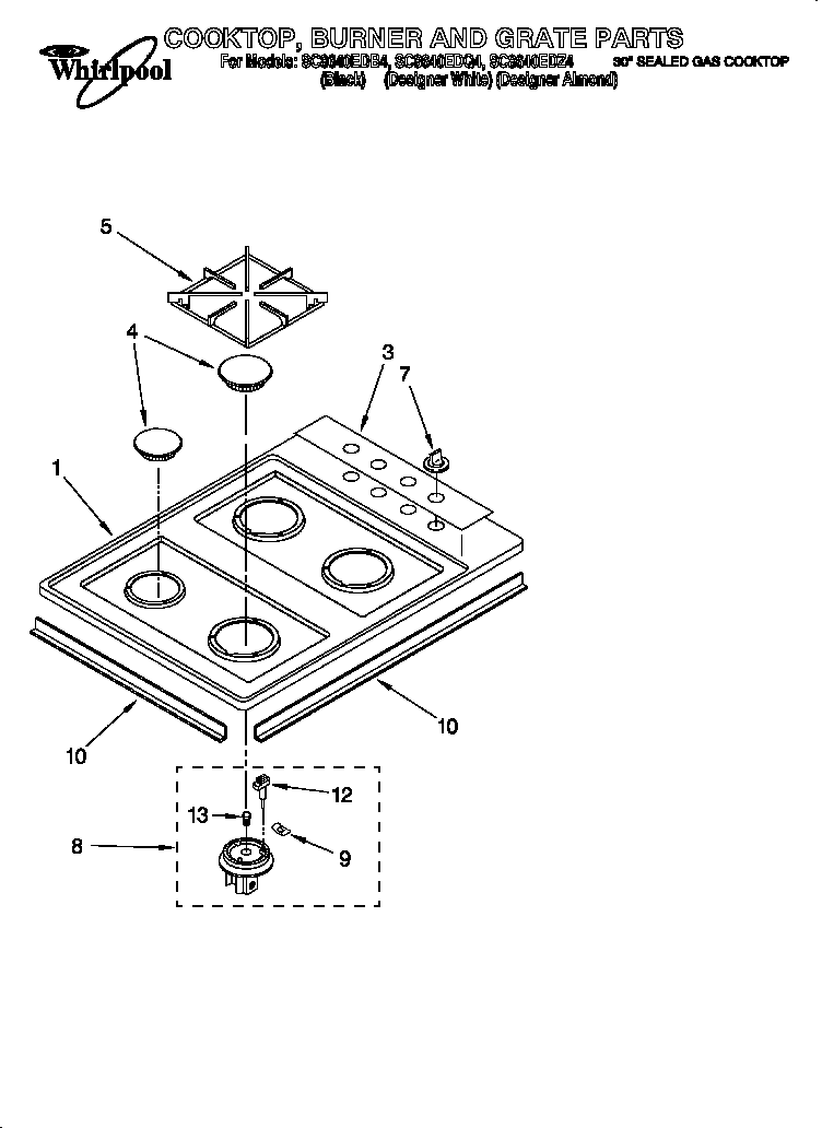 Whirlpool SC8640EDB4 cooktop, burner and grate diagram