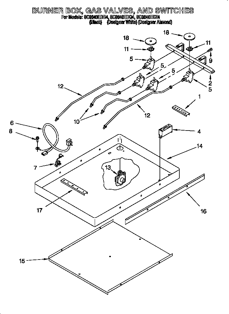 Whirlpool SC8640EDB4 burner box, gas valves and switches diagram