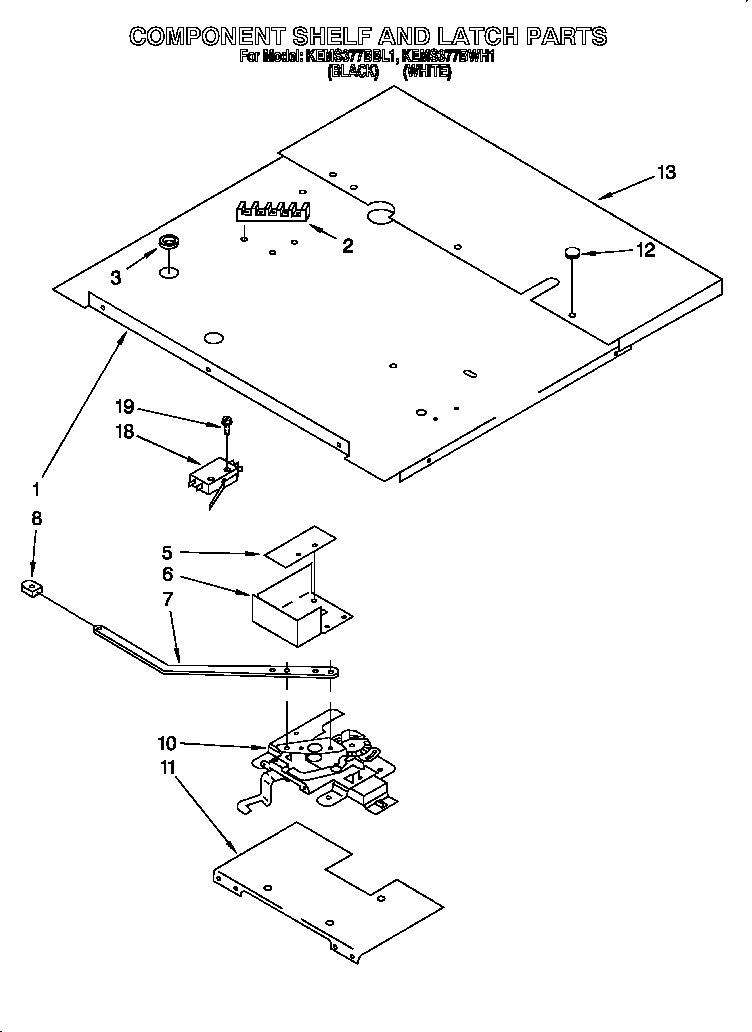 KitchenAid KEMS377BWH1 component shelf and latch diagram