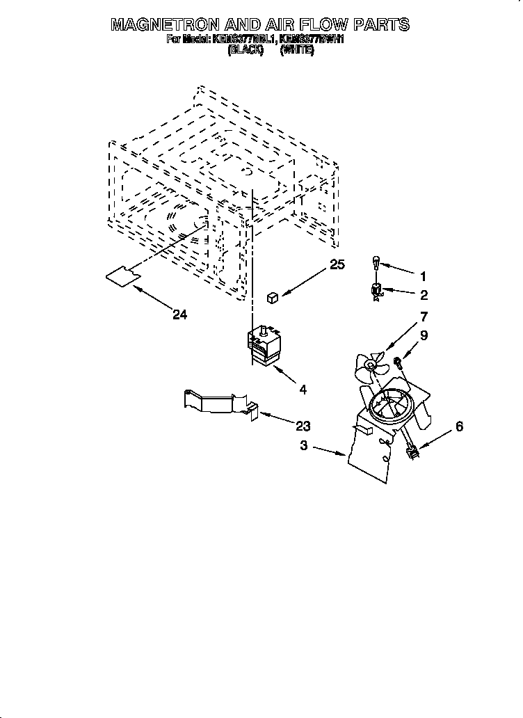 KitchenAid KEMS377BWH1 magnetron and air flow diagram