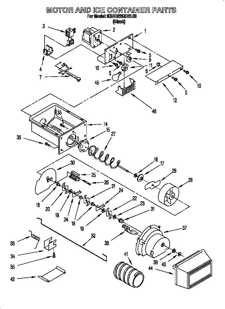 KitchenAid KSRB22QDBL00 motor and ice container diagram