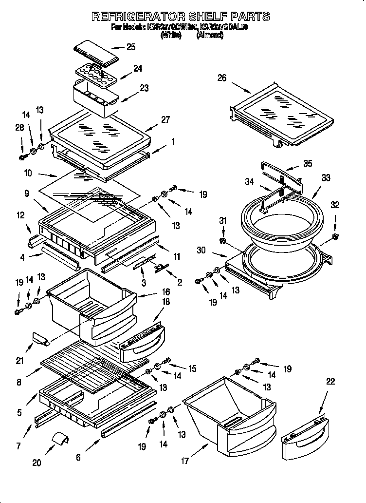 KitchenAid KSRS27QDWH00 refrigerator shelf diagram