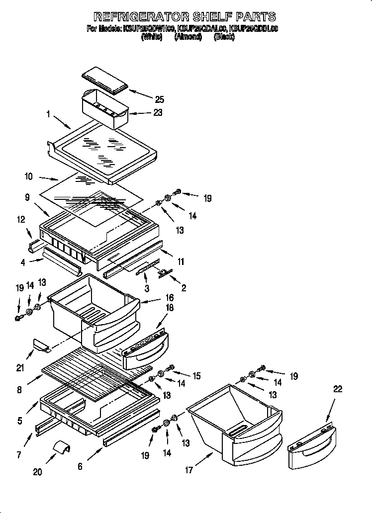 KitchenAid KSUP25QDBL00 refrigerator shelf diagram