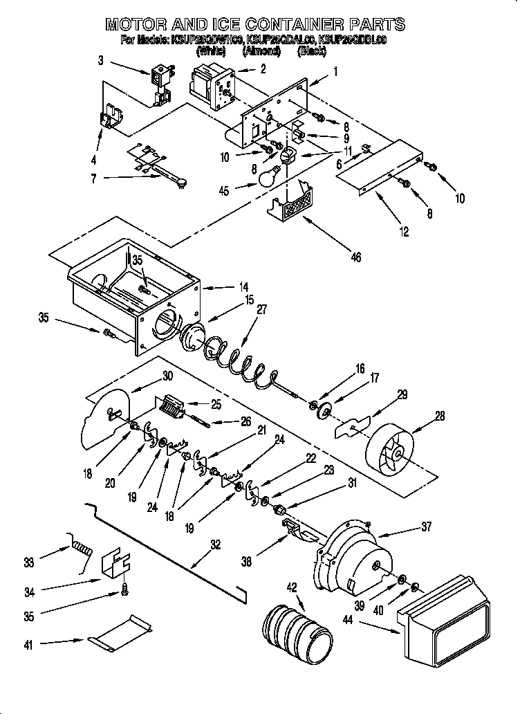 KitchenAid KSUP25QDBL00 motor and ice container diagram