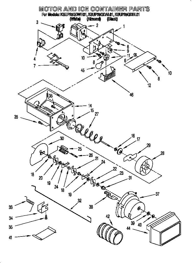 KitchenAid KSUP25QDAL01 motor and ice container diagram