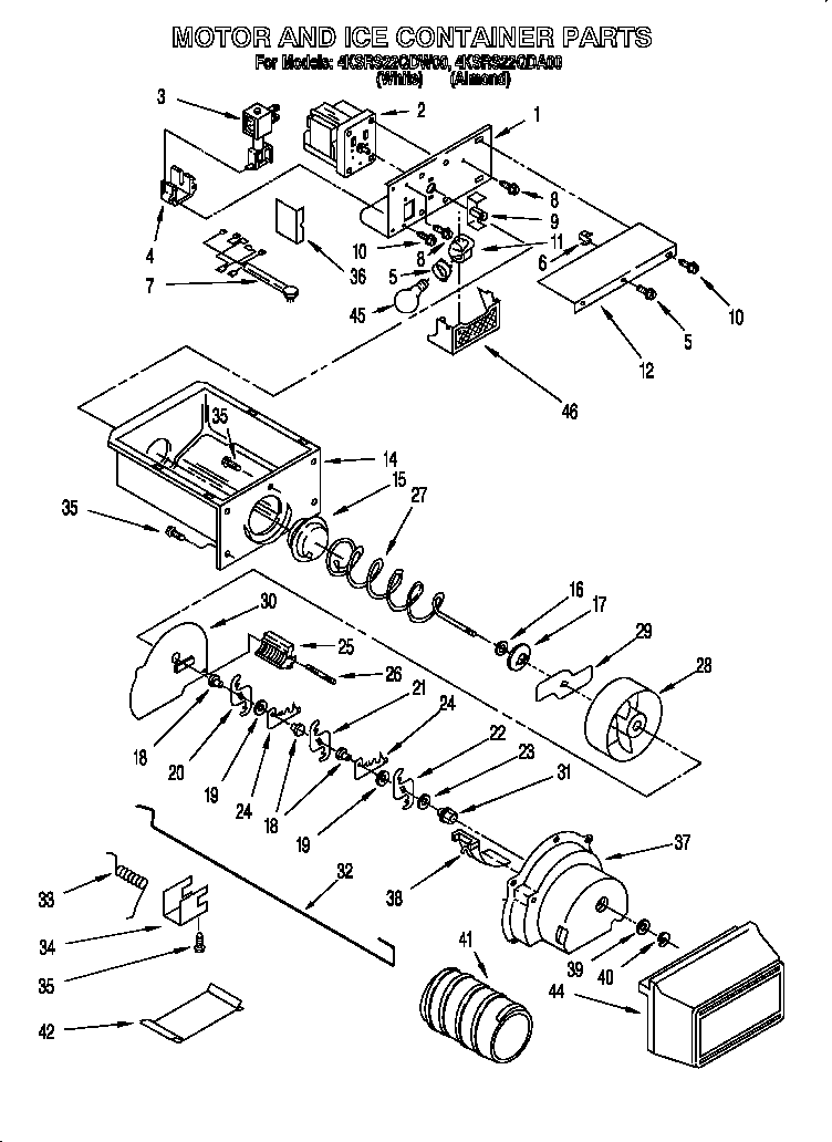 KitchenAid 4KSRS22QDW00 motor and ice container diagram
