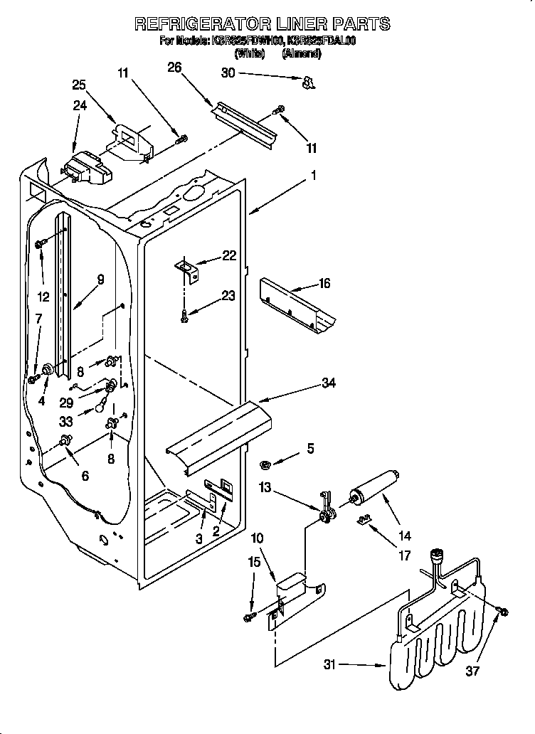 KitchenAid KSRS25FDWH00 refrigerator liner diagram