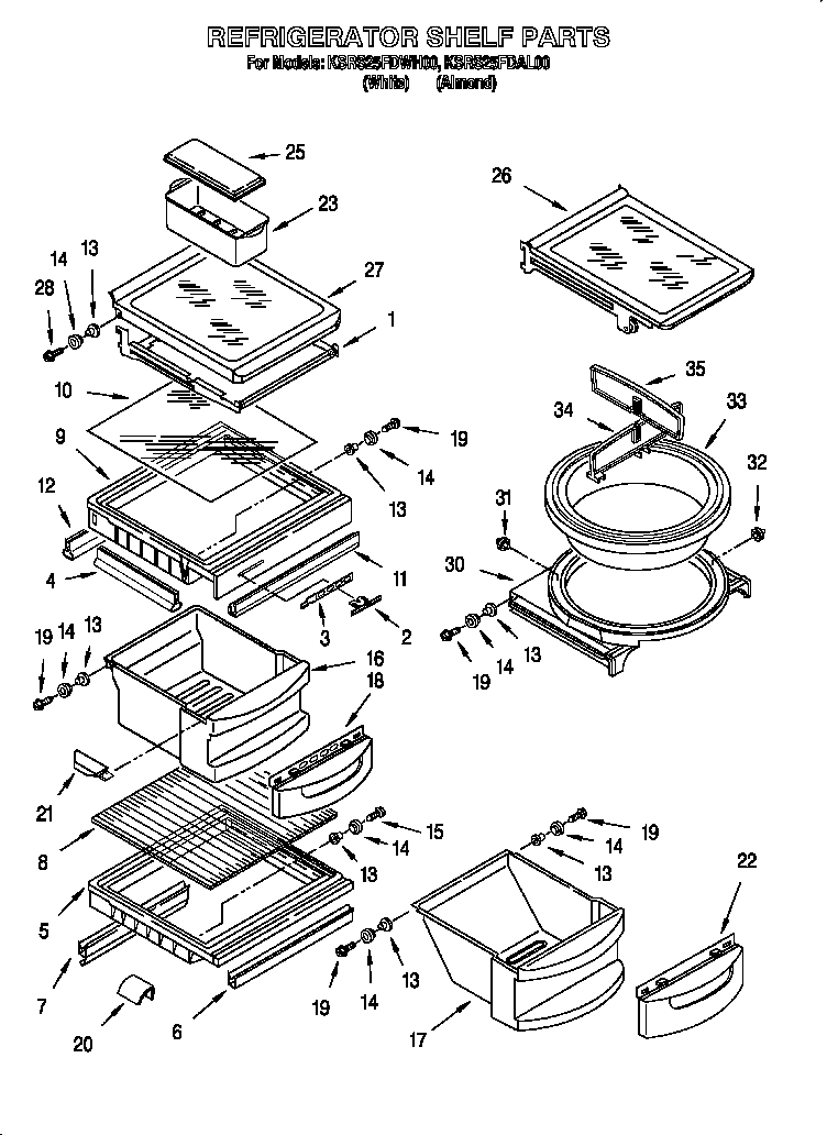 KitchenAid KSRS25FDWH00 refrigerator shelf diagram