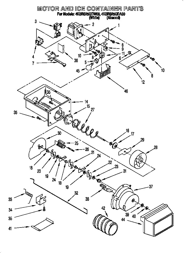 KitchenAid 4KSRS25QDW00 motor and ice container diagram