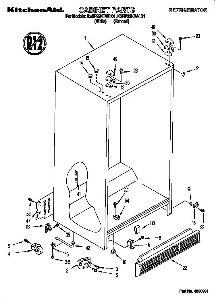 KitchenAid KSRP22KDWH01 cabinet diagram
