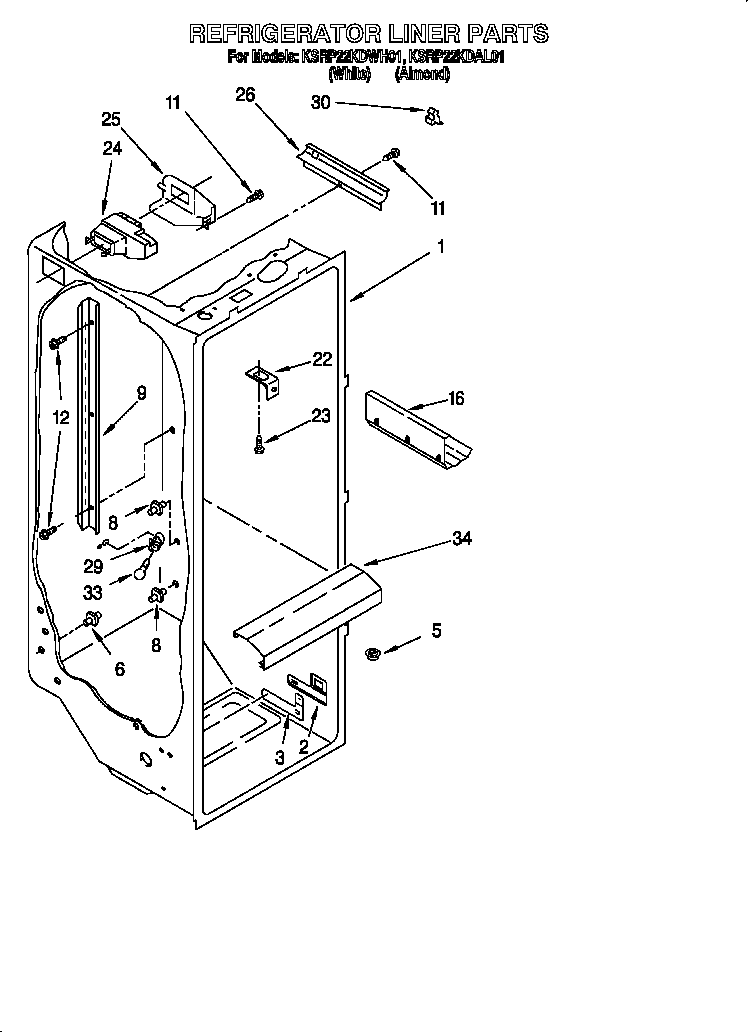 KitchenAid KSRP22KDWH01 refrigerator liner diagram