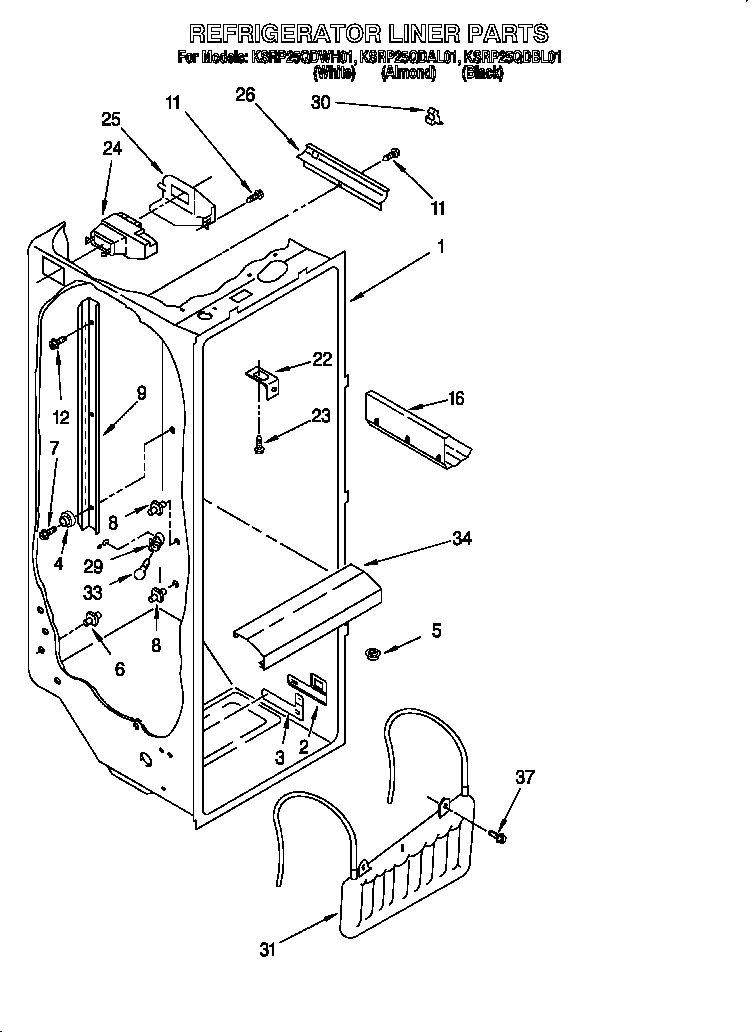 KitchenAid KSRP25QDWH01 refrigerator liner diagram
