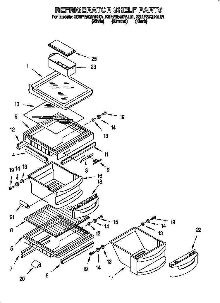 KitchenAid KSRP25QDWH01 refrigerator shelf diagram