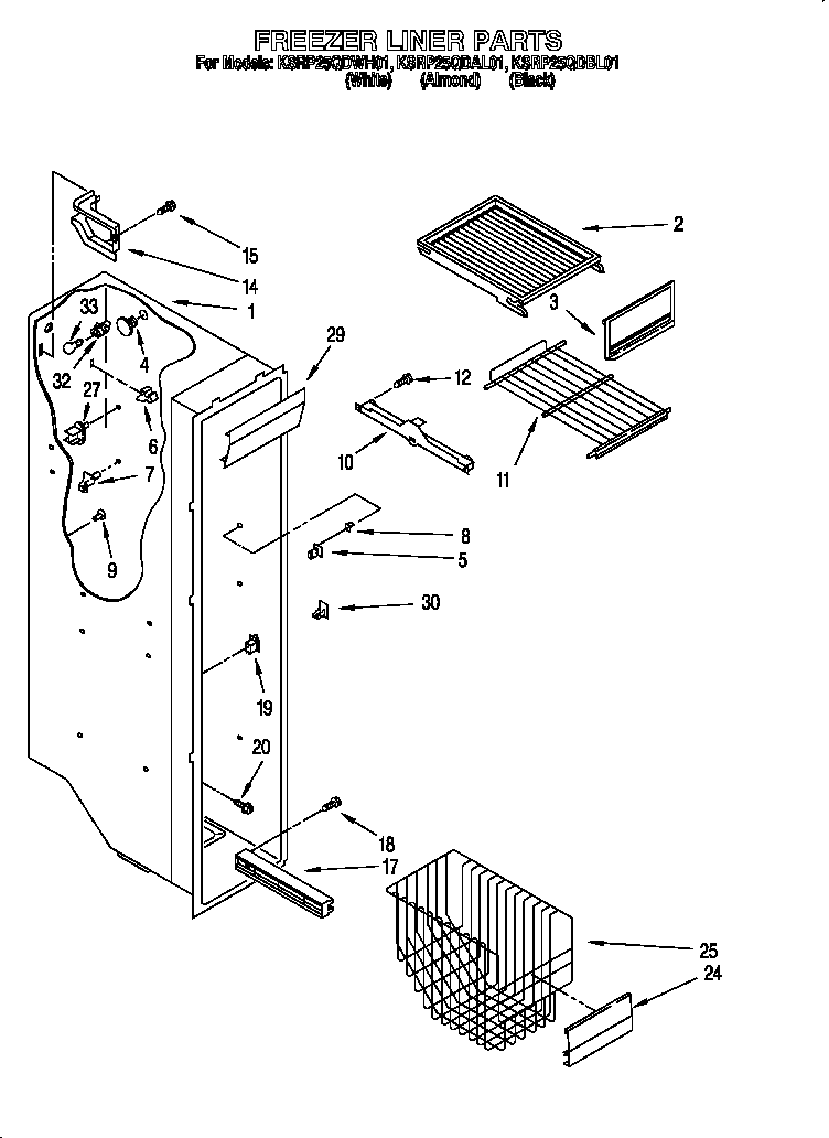 KitchenAid KSRP25QDWH01 freezer liner diagram