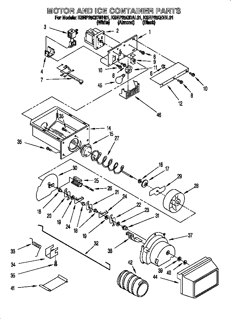 KitchenAid KSRP25QDWH01 motor and ice container diagram