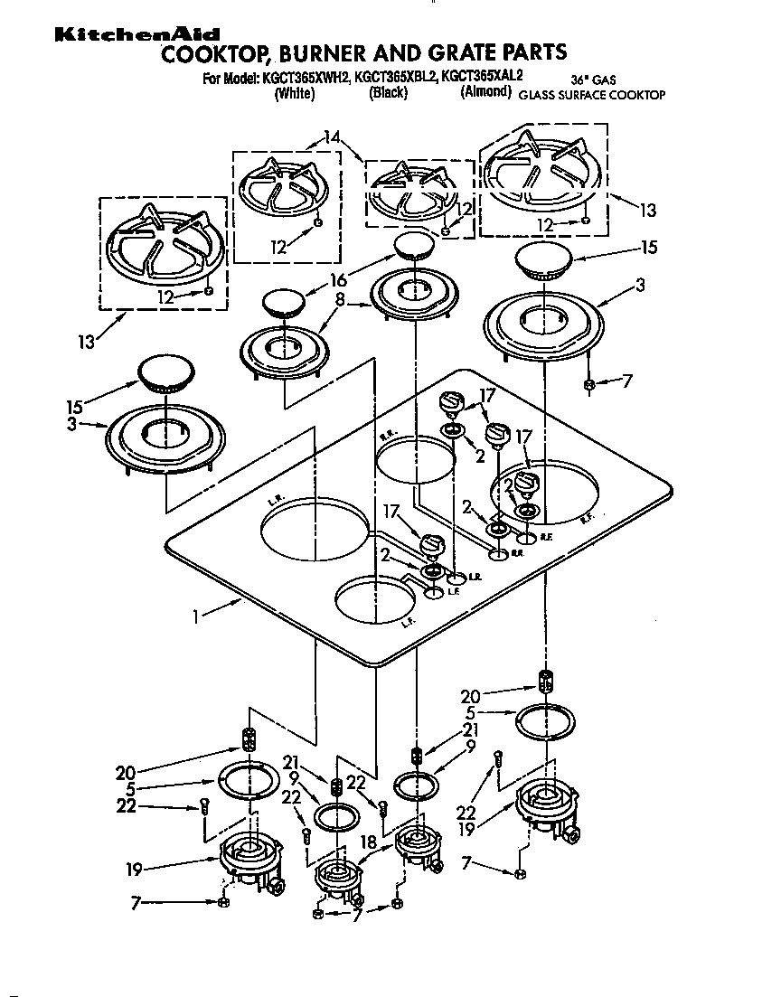 KitchenAid KGCT365XAL2 cooktop,burner and grate diagram