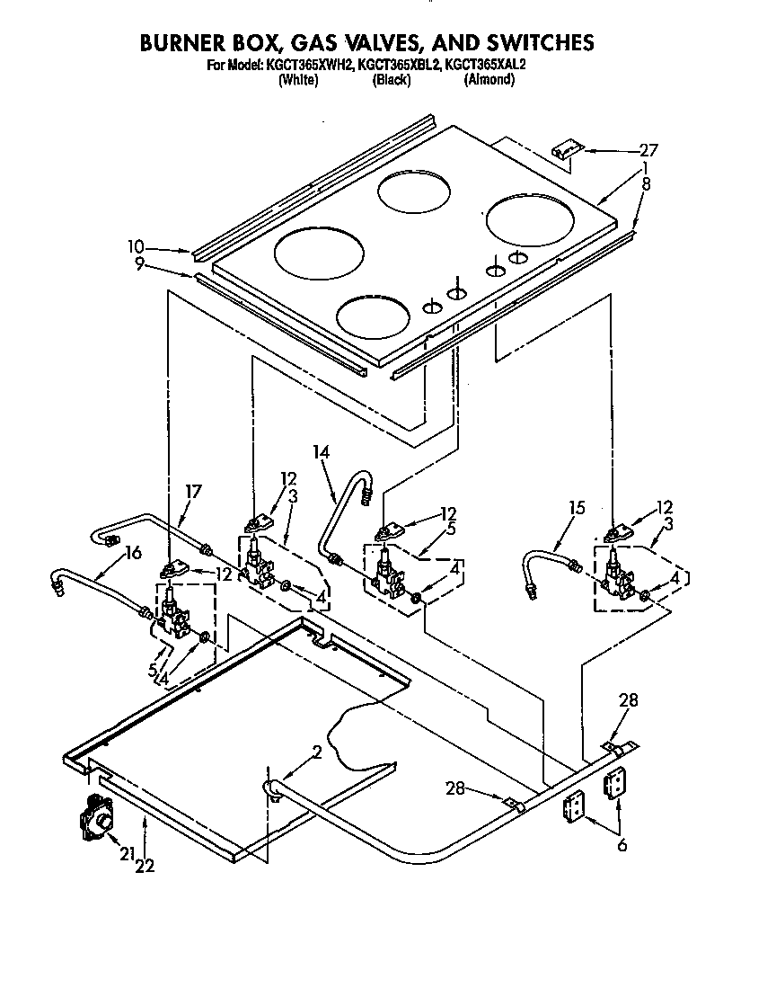 KitchenAid KGCT365XAL2 burner box, gas valves and switches diagram