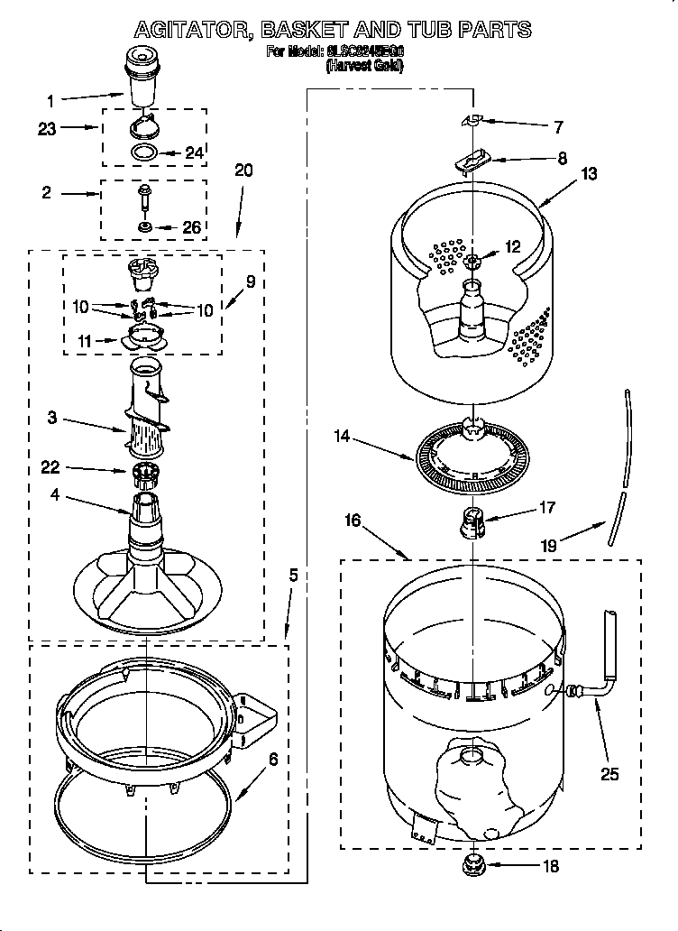 Whirlpool 8LSC8245EG0 agitator, basket and tub diagram