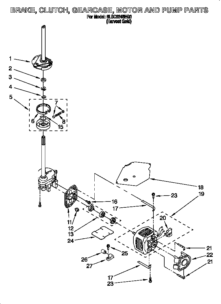 Whirlpool 8LSC8245EG0 brake, clutch, gearcase, motor and pump diagram