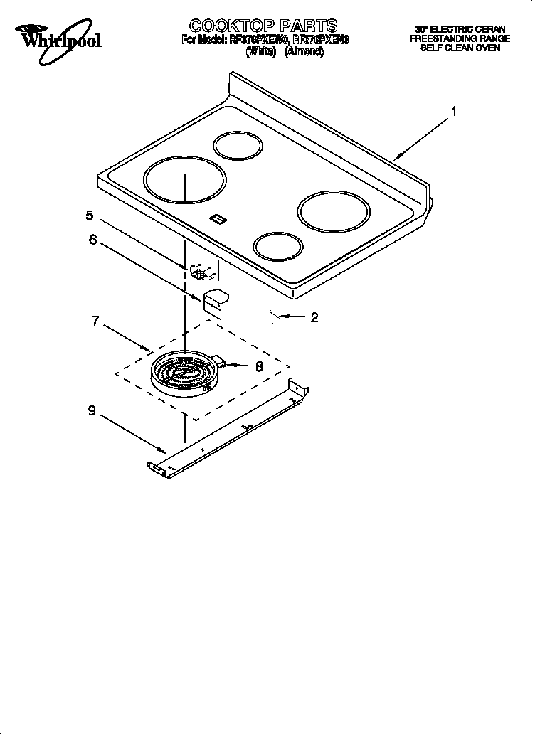 Whirlpool RF376PXEW0 cooktop diagram