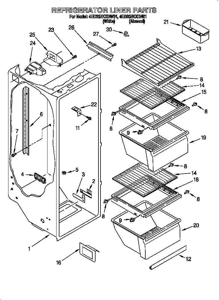 Whirlpool 4ED20ZKXDN01 refrigerator liner diagram