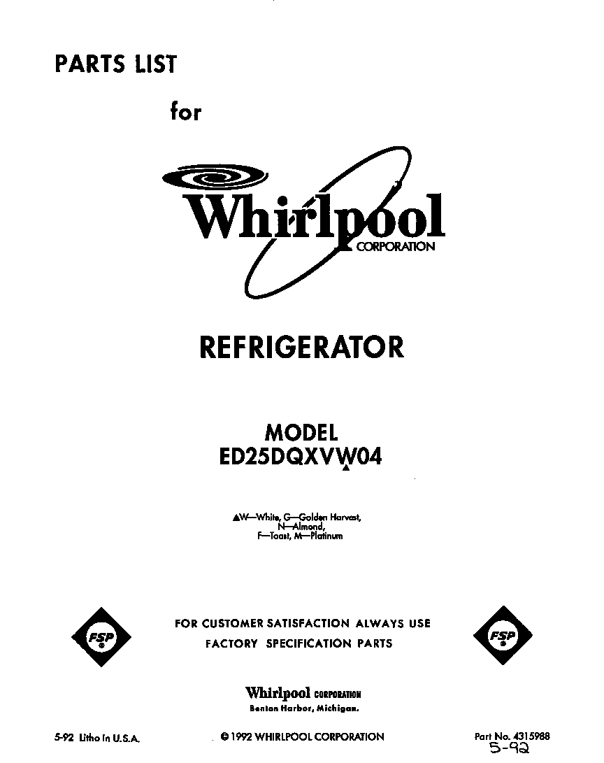 Whirlpool ED25DQXVP04 front cover diagram