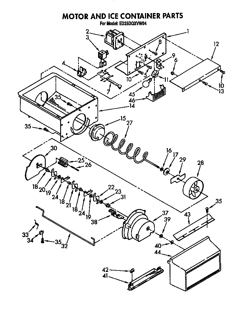 Whirlpool ED25DQXVP04 motor and ice container diagram