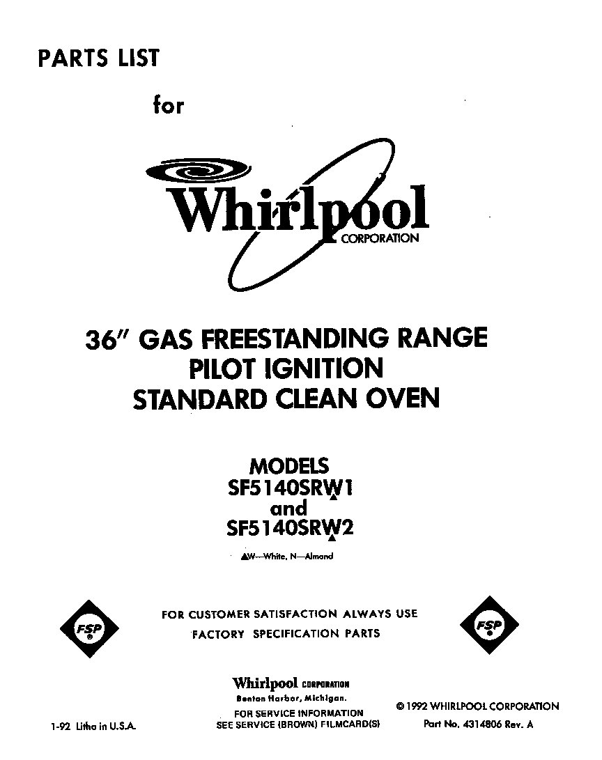 Whirlpool SF5140SRW1 front cover diagram