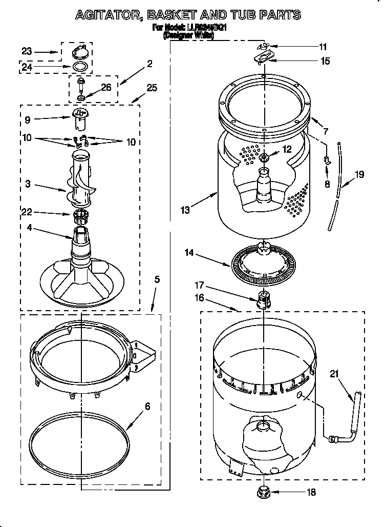 Whirlpool LLR9245BQ1 agitator, basket and tub diagram