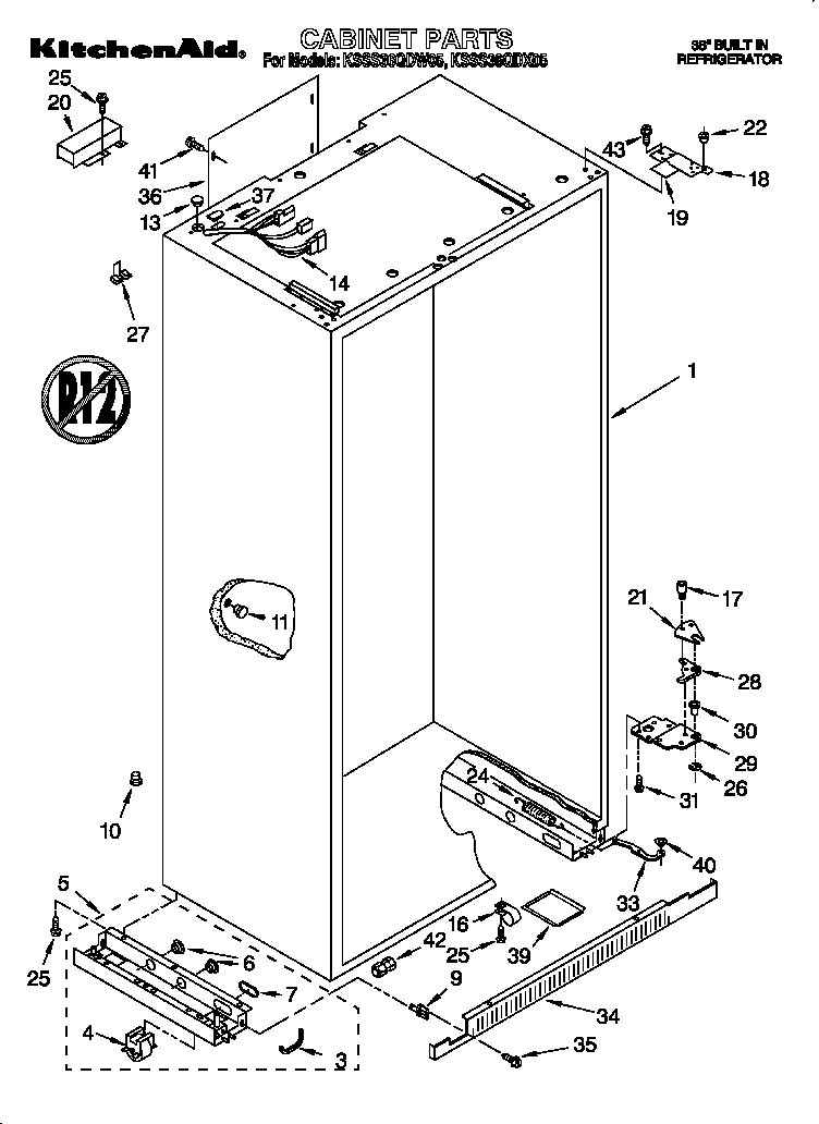 KitchenAid KSSS36QDX05 cabinet diagram