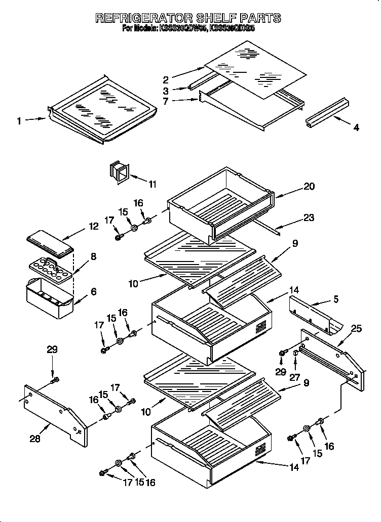 KitchenAid KSSS36QDX05 refrigerator shelf diagram