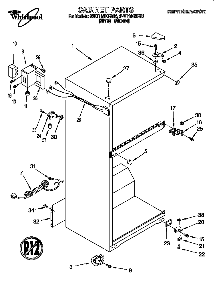 Whirlpool 3VET16GKFN00 cabinet diagram