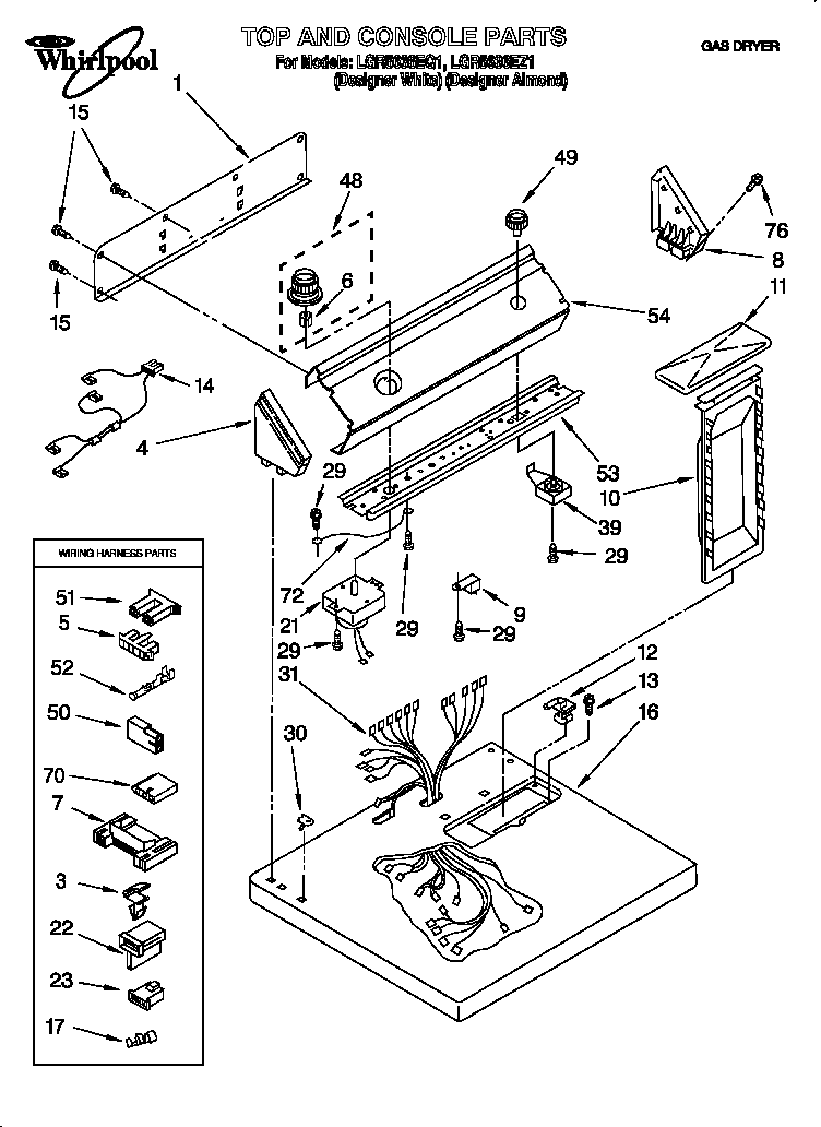 Whirlpool LGR5636EZ1 top and console diagram
