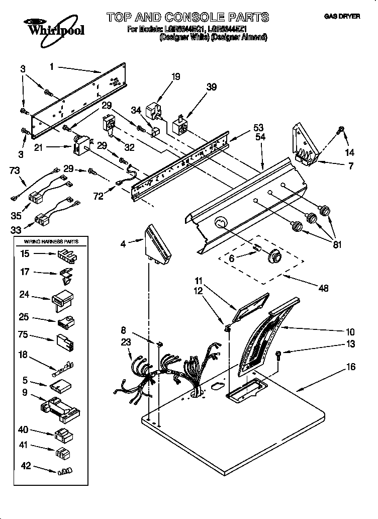 Whirlpool LGR5644EQ1 top and console diagram