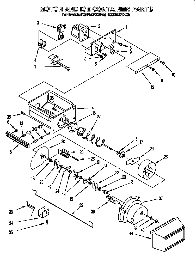 KitchenAid KSSS42QDW05 motor and ice container diagram