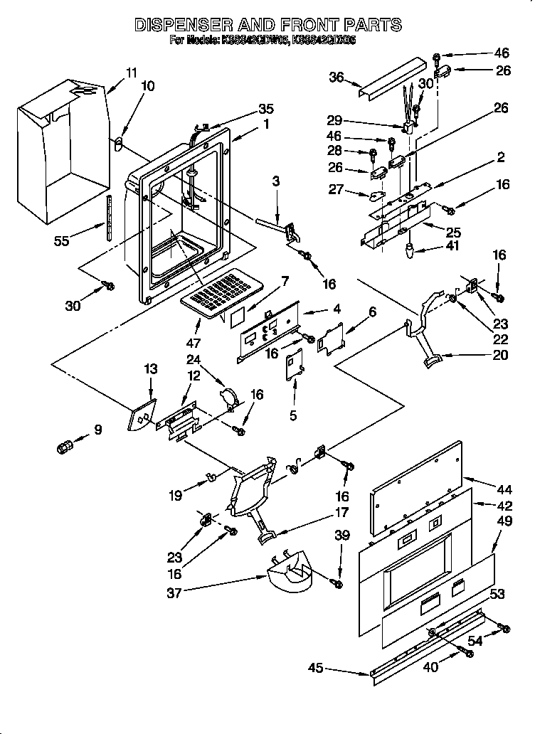 KitchenAid KSSS42QDW05 dispenser and front diagram