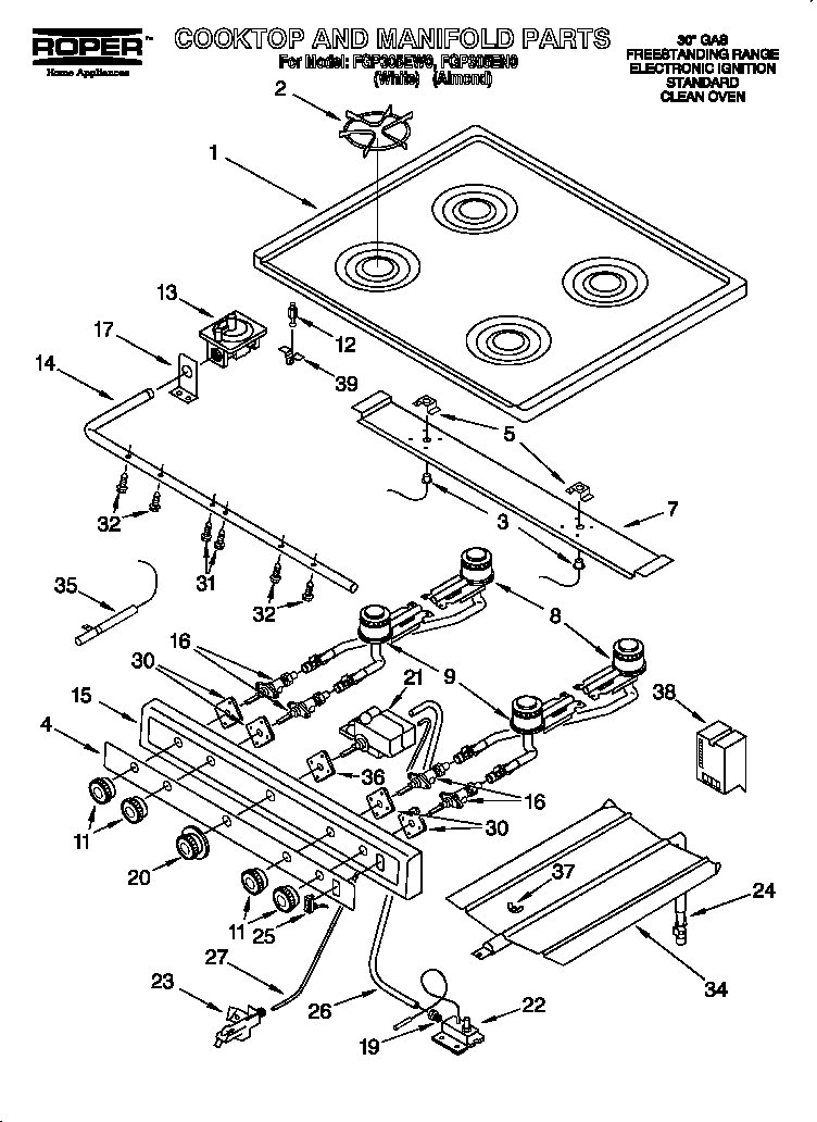 Roper FGP305EN0 cooktop and manifold diagram