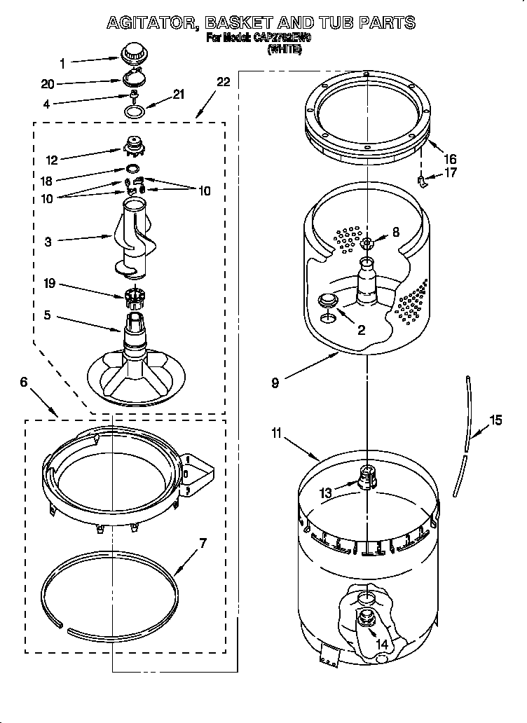 Whirlpool CAP2762EW0 agitator, basket and tub diagram