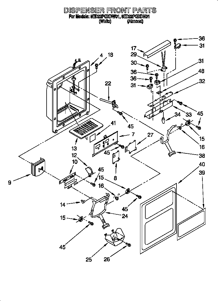 Whirlpool 8ED22PQXDW01 dispenser front diagram