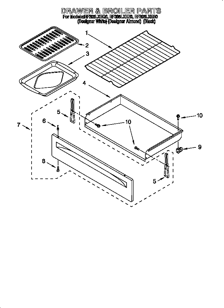 Whirlpool RF395LXEZ0 drawer and broiler diagram