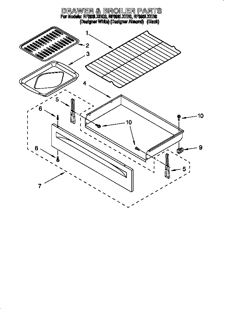 Whirlpool RF396LXEZ0 drawer and broiler diagram