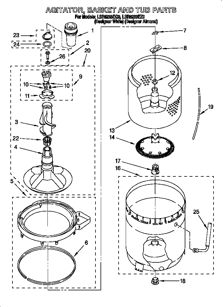 Whirlpool LSR8233EZ0 agitator, basket and tub diagram