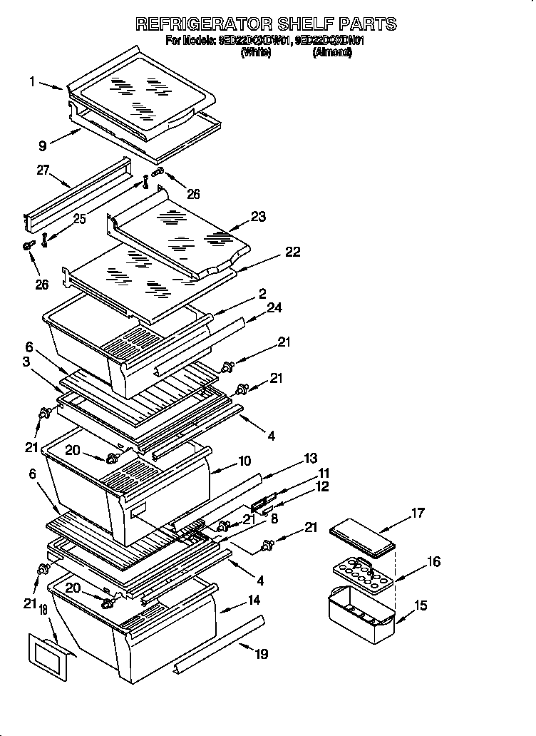 Whirlpool 9ED22DQXDW01 refrigerator shelf diagram