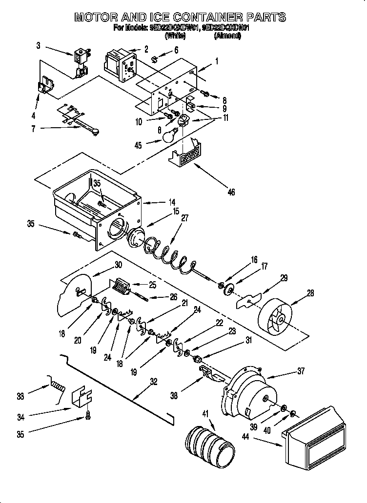 Whirlpool 9ED22DQXDW01 motor and ice container diagram