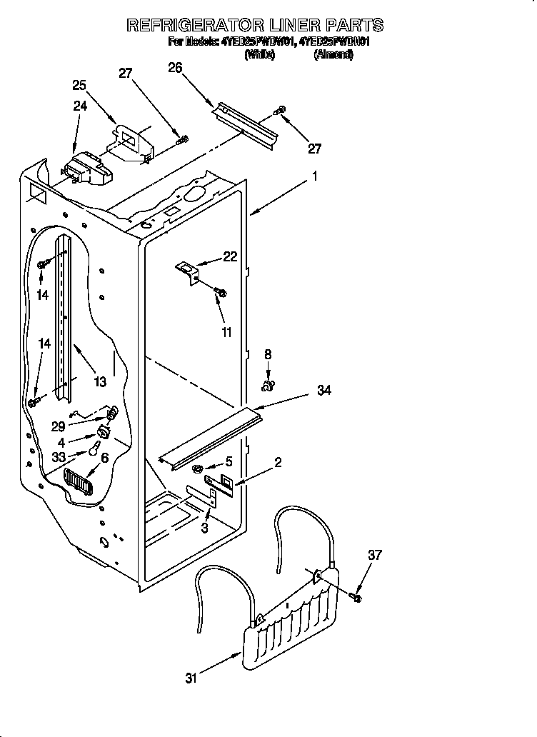 Whirlpool 4YED25PWDW01 refrigerator liner diagram